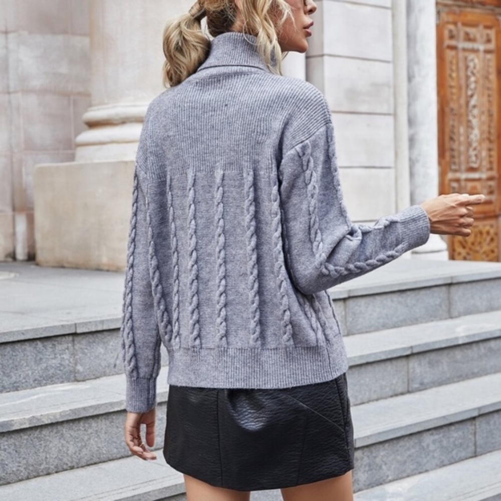 charcoal turtleneck textured knit sweater braided - Picture 2 of 5